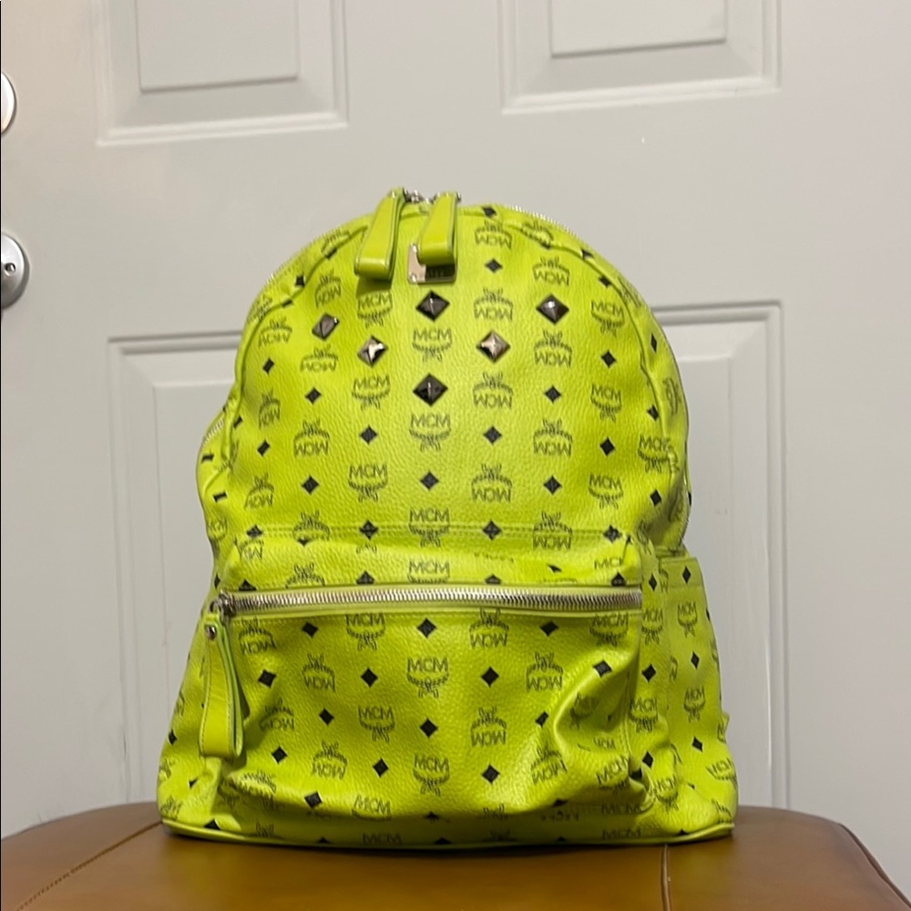 MCM Lime Green Logo Backpack monogram